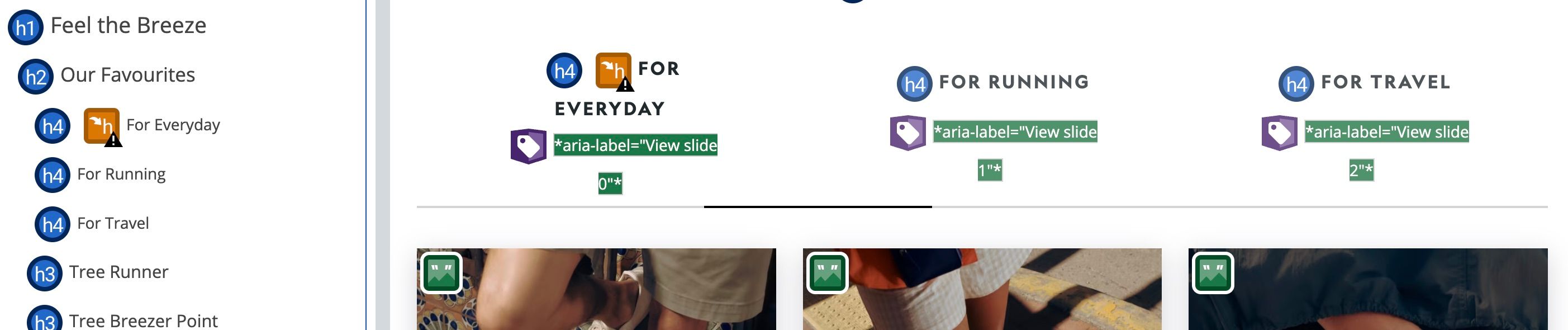 screenshot of the allbirds homepage in July 2023, highlighting incorrect heading structure on the homepage, it jumps from h2 to h4 impacting WCAG. This has been highted with a tool that colours headers in blue