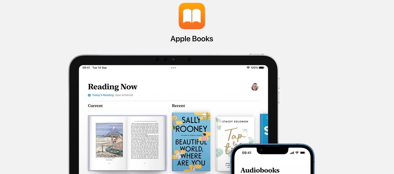 Screenshot of the Apple Books UK website, the Apple Books app logo can be seen. Underneath is an iPad in landscape showing the App, Reading now and an open book can be seen. an iPhone is to the right showing the audiobooks section of the app.