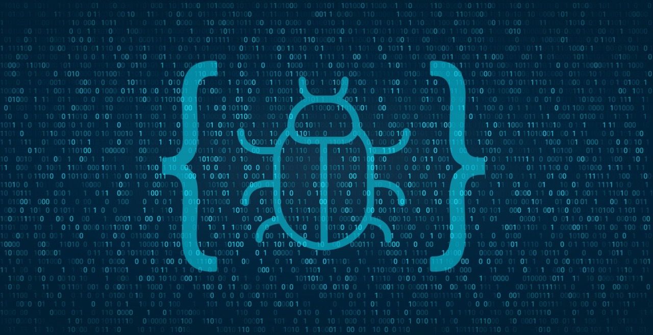 A dark blue background filled with a grid of light blue binary code (ones and zeros). In the center, a large, stylised outline of a beetle or bug is visible in a slightly brighter blue. The bug is flanked on either side by a large, light blue curly brace, enclosing it like a piece of code. The overall image represents a programming or software bug.