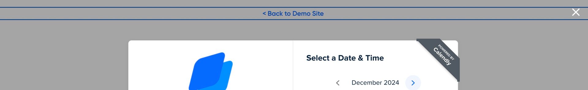 A webpage displaying a gray overlay with a blue link at the top saying '< Back to Demo Site' and a white modal partially visible below, including a close button in the top-right corner that doesn't get focus