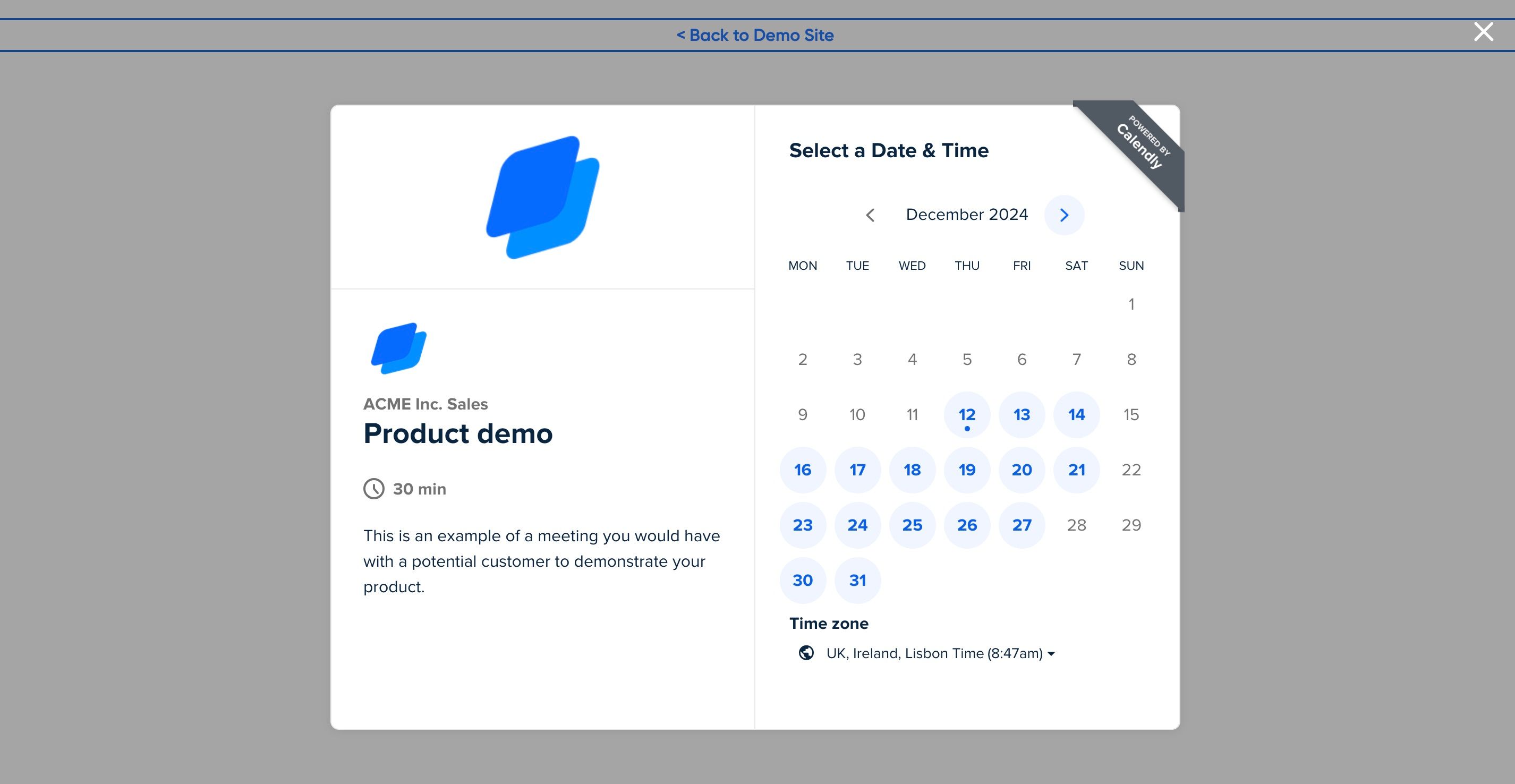 A modal window on a gray background displaying a scheduling interface powered by Calendly. It includes a calendar for selecting dates in December 2024, along with meeting details for a 'Product demo' on the left side, showing a 30-minute duration and the time zone below