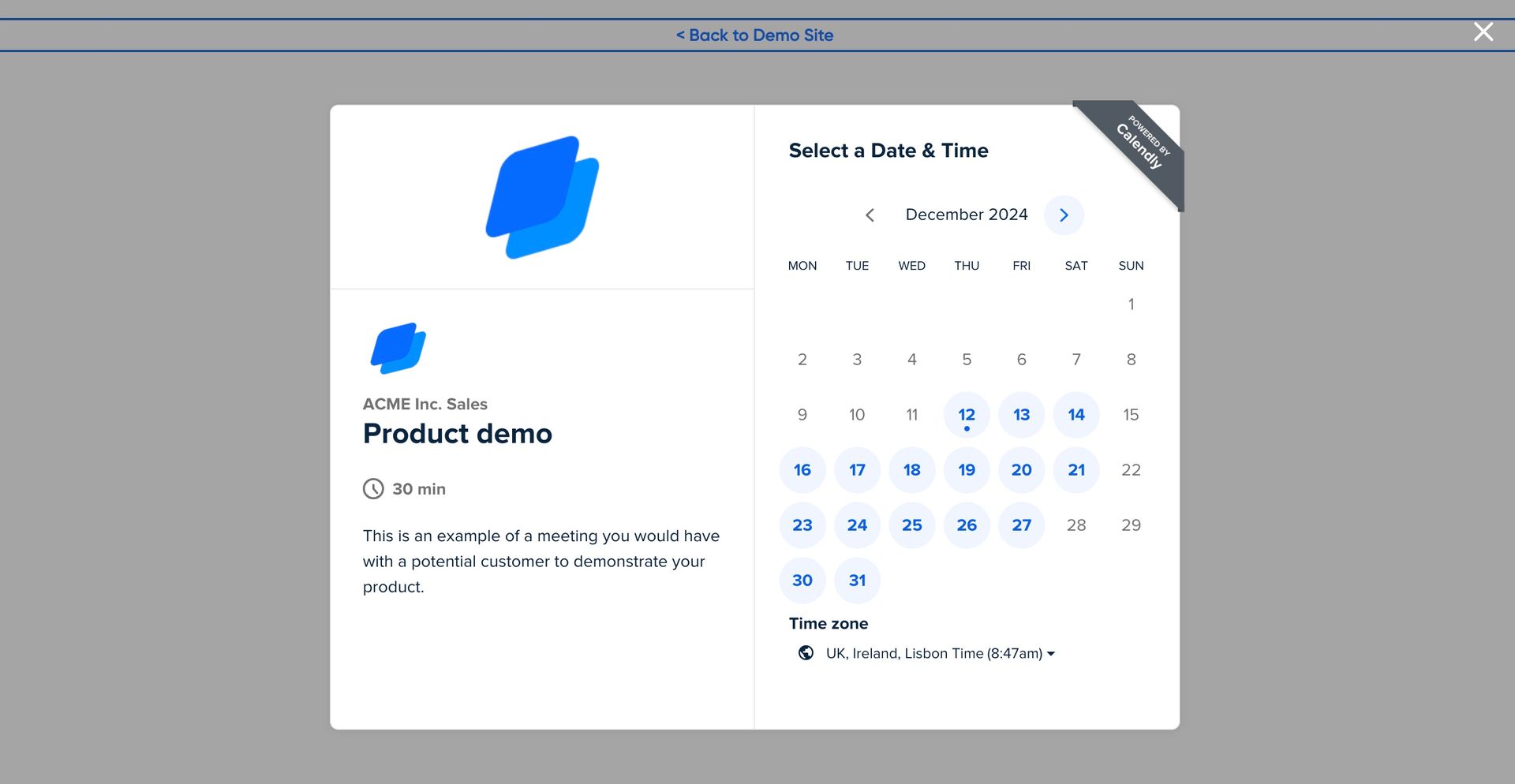 A modal window on a gray background displaying a scheduling interface powered by Calendly. It includes a calendar for selecting dates in December 2024, along with meeting details for a 'Product demo' on the left side, showing a 30-minute duration and the time zone below