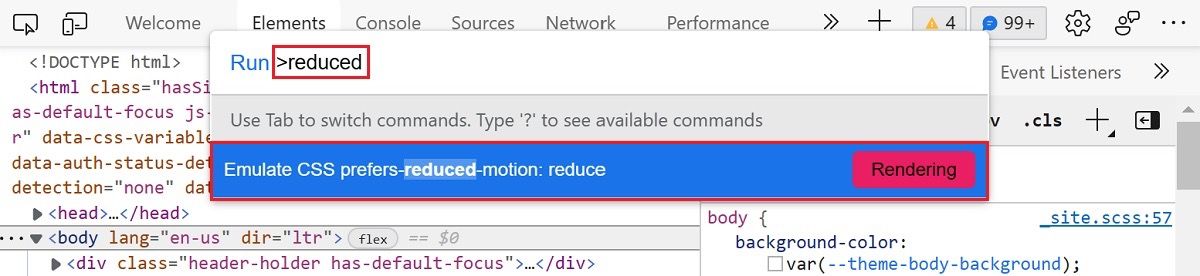 Screenshot of control settings with Microsoft Edge Dev Tools to emulate reduced motion