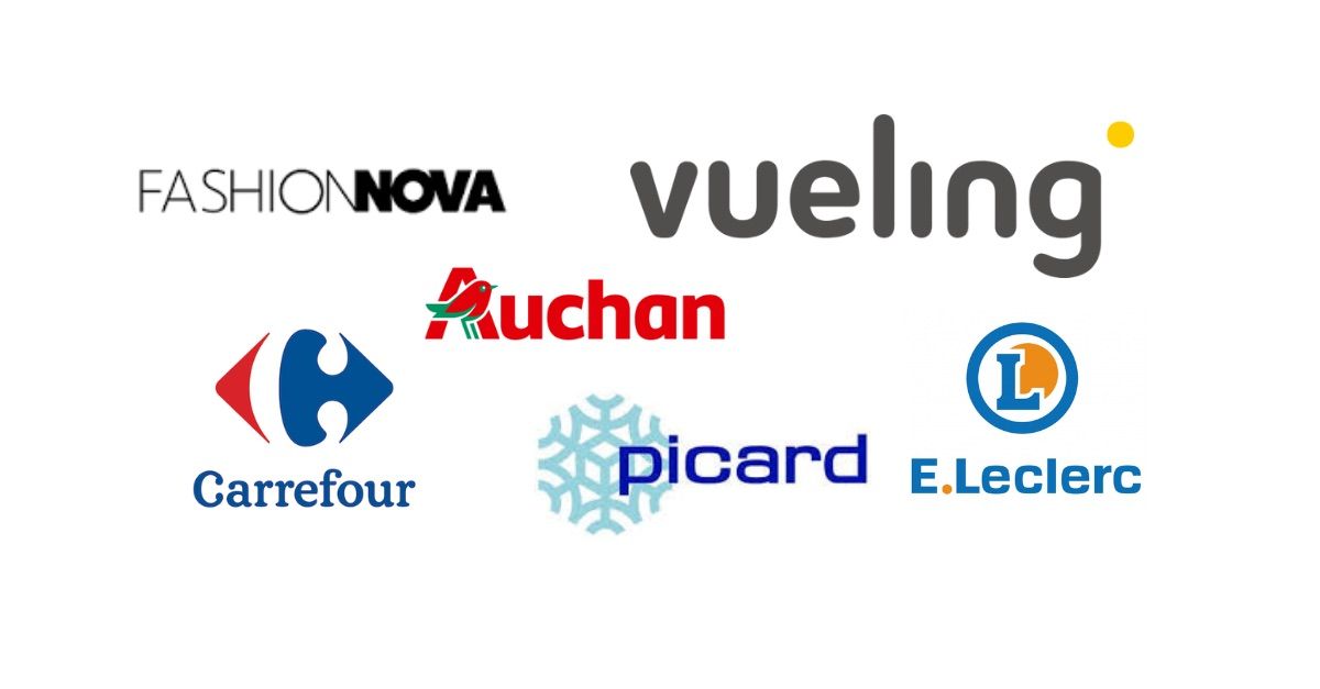 FashionNova, Vueling Airlines, Auchan, Carrefour, E. Leclerc, Picard Surgelés logos on white background