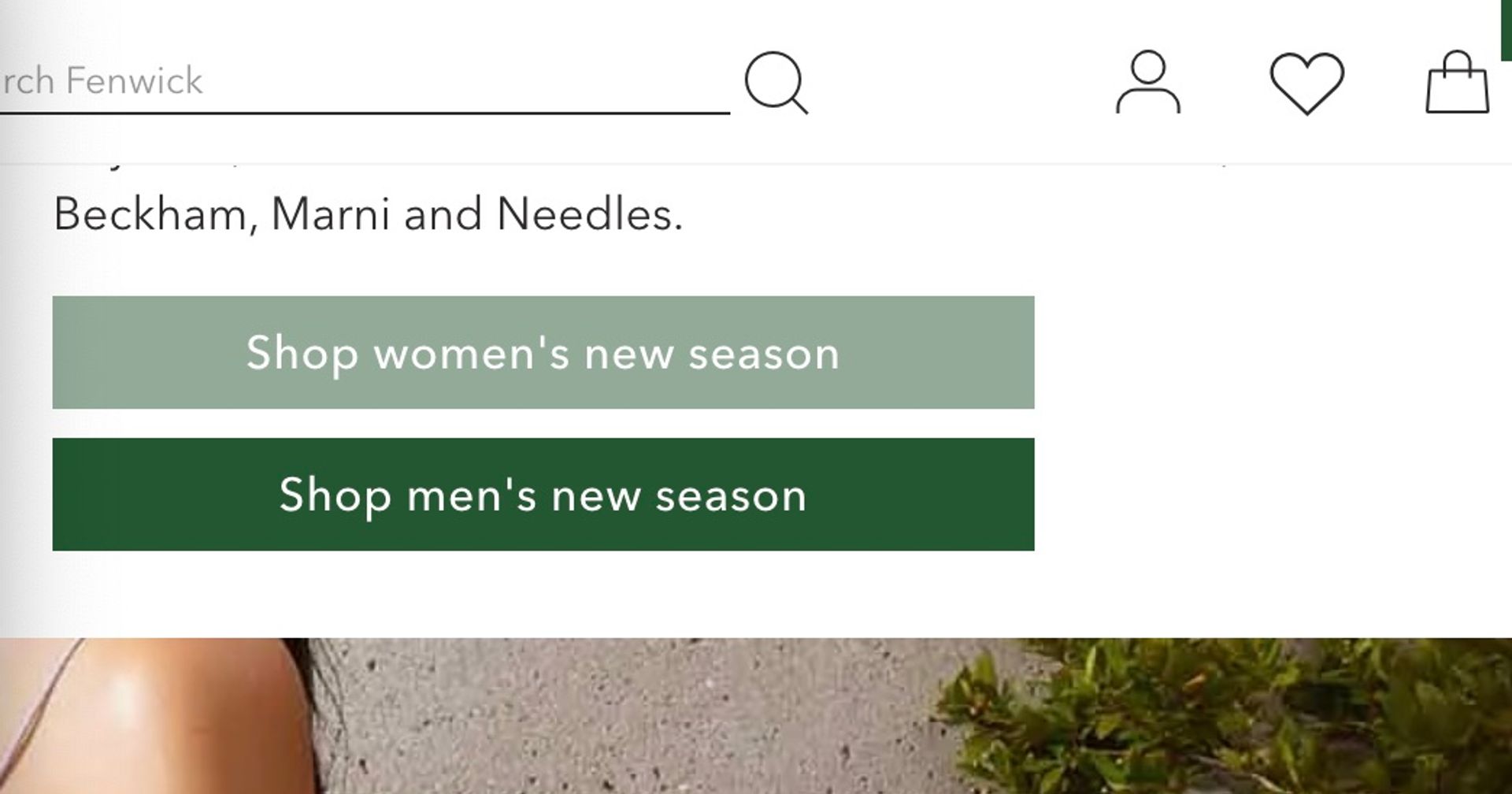screenshot of the Fenwick homepage in August 2023, highlighting the text of a button's hover state that does not meet colour contrast requirements.The button reads Shop women's new season, white text on very light green background
