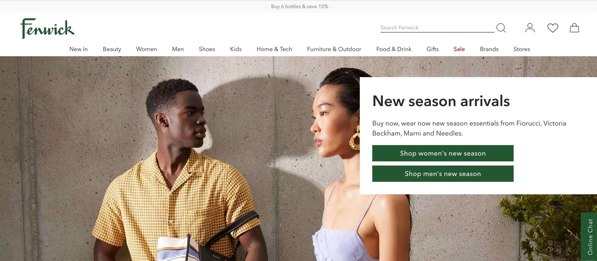 Screenshot of the Fenwick homepage, a black male model wearing a yellow tshirt and an asian woman wearing a light purple top are featured. New season arrivals is prominent copy. The website menu and logo can also be seen.
