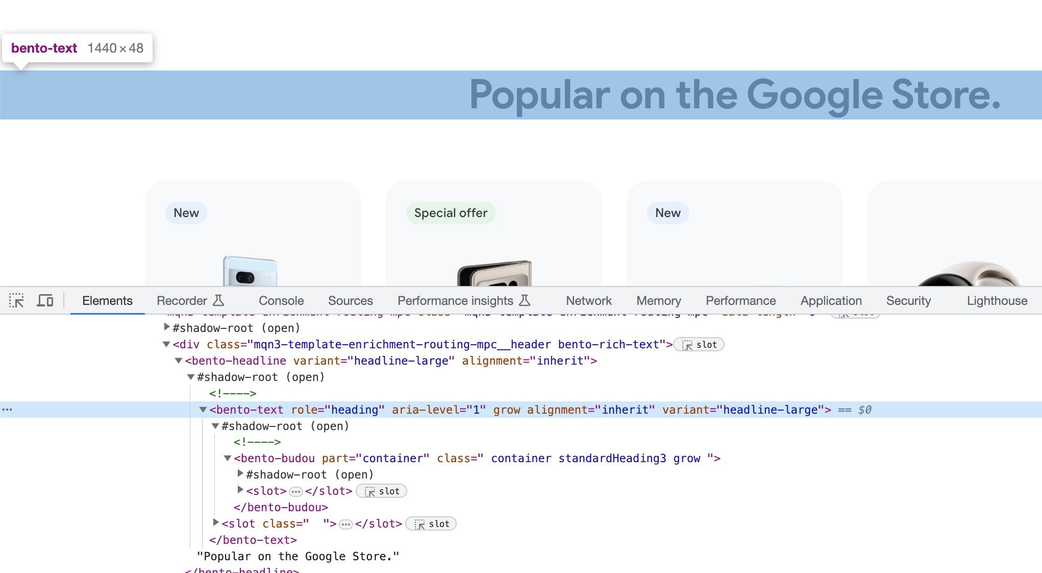 Screenshot of the Google Store UK, with the code of the website also open, being highlighted is the text: Popular on the Google Store but highlighted in the code is not the heading HTML that is expect but something different that impacts accessibility standards