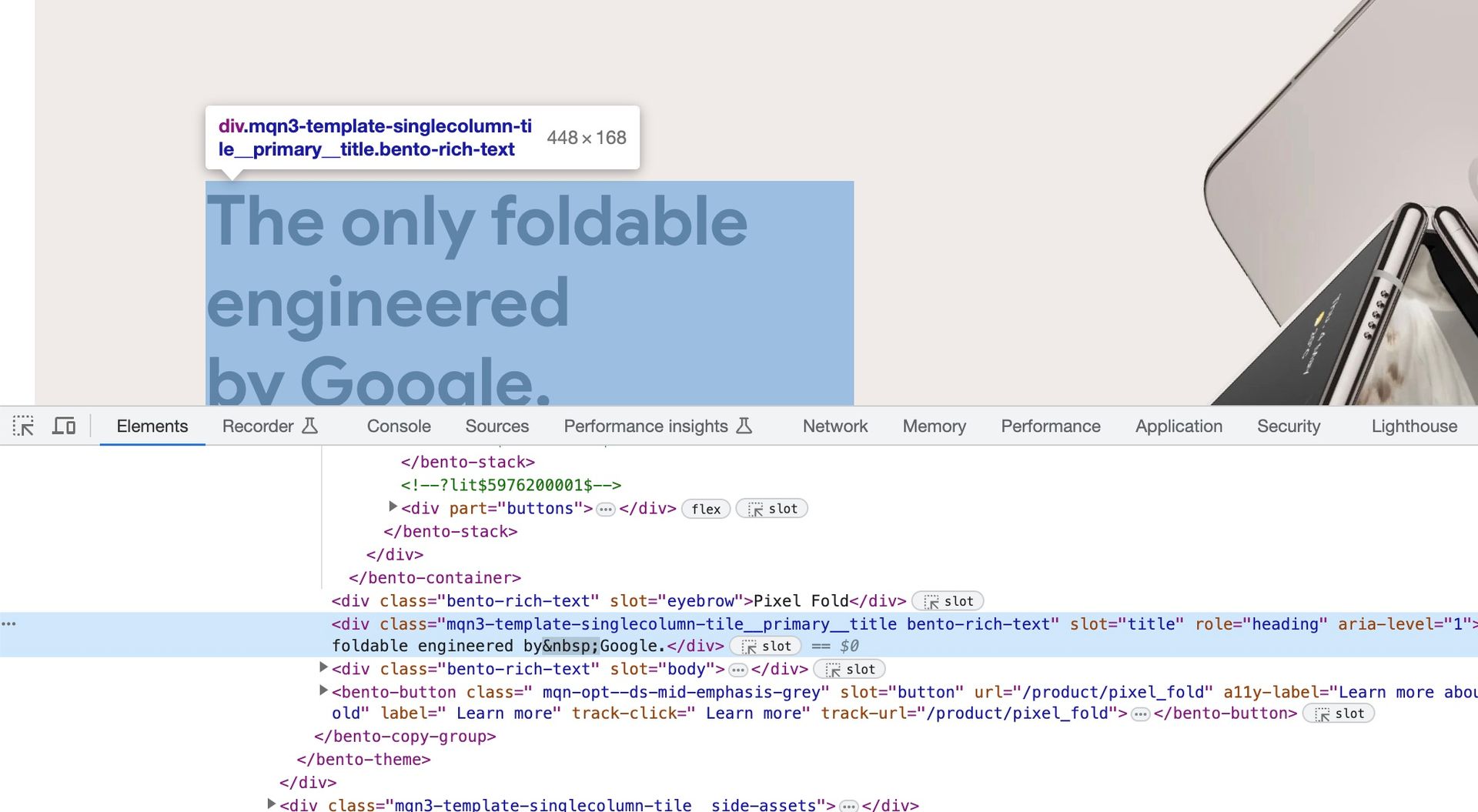 Screenshot of the Google Store UK, with the code of the website also open, being highlighted is the text: the only foldable engineered by Google but highlighted in the code is not the heading HTML that is expect but something different that impacts accessibility standard
