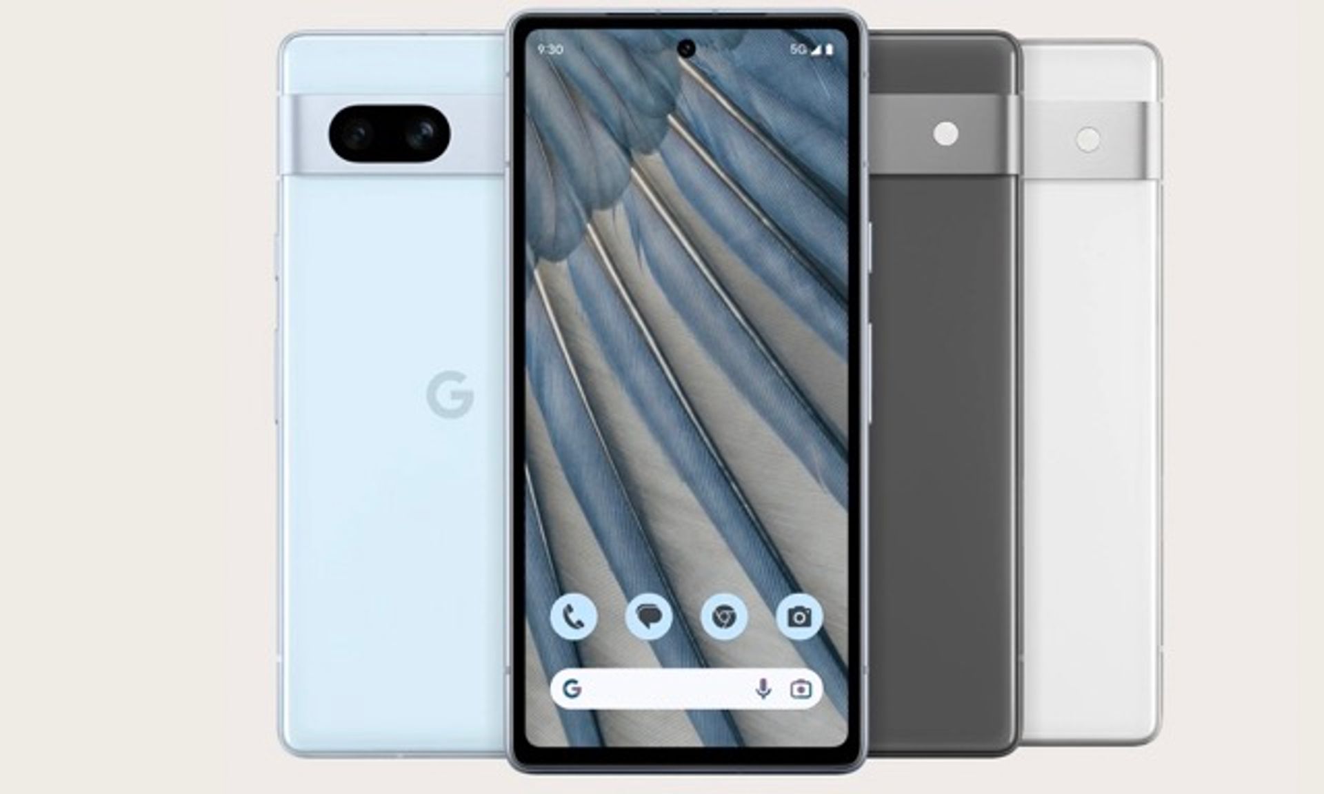 Photo of four Google Pixel 7 phones in various colours. The first phone is highlighting the back of the phone in sea colour - a light blue.  The second has the front display with a blue-and-grey feather wallpaper.  The back of 3 and 4 display the colours charcoal, a dark grey and snow, an off-white.
