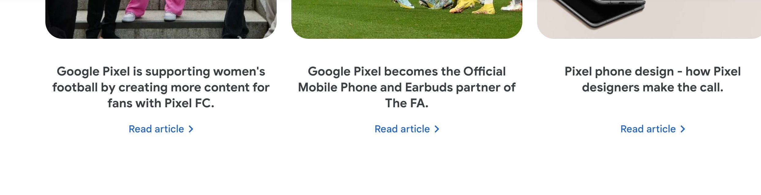 Screenshot of the Google Store UK. There are three cards on display the first one reads: Free of charge next day delivery, Learn more. The second, Get our price match promise, Learn more. The third - easy returns that are free of charge, Learn more. Highlighting an accessibility issue, only the text Learn more has a link. Instead all of the text could be linked, this is to help users understand the purpose of each link.