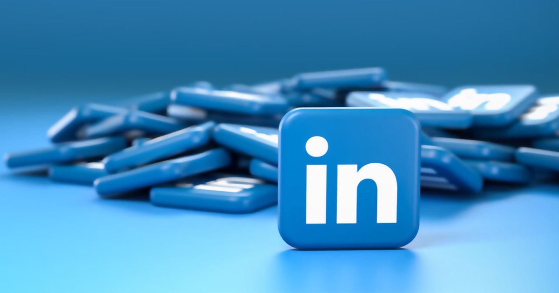 LinkedIn blue logo as a 3D tile, behind this are many other logo tiles in a pile.