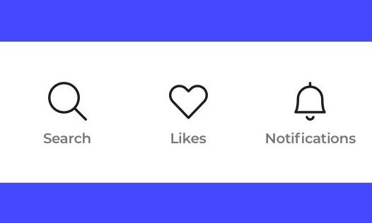 Magnifying glass icon with the text Search underneath. Heart icon with the text Likes, bell with the text Notifications.