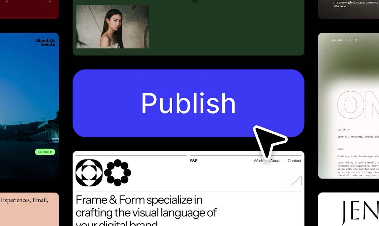 figma sites, a big blue publish button with lots of web designs in the background