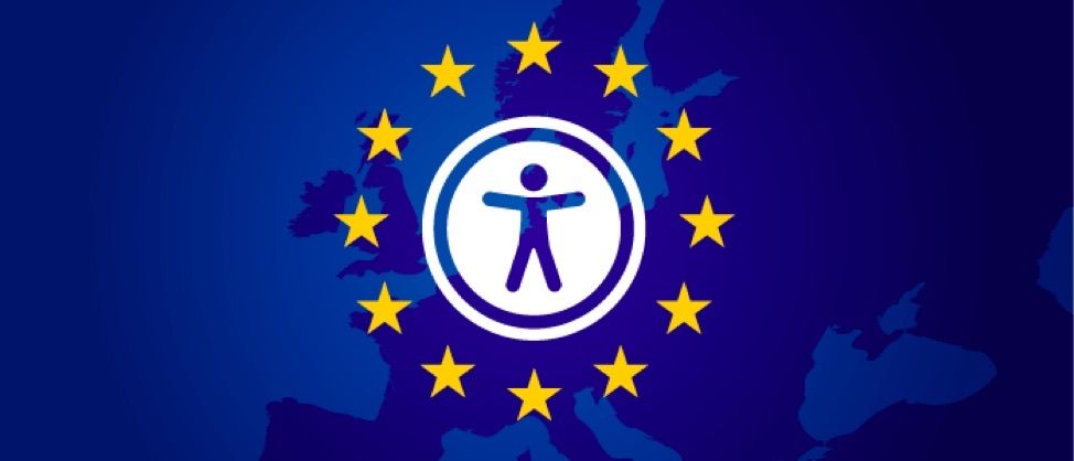 A graphic featuring a map of Europe in dark blue with a lighter blue figure in a circle at the centre, symbolising accessibility. The circle is surrounded by a ring of twelve yellow stars, representing the European Union, against a deep blue background.