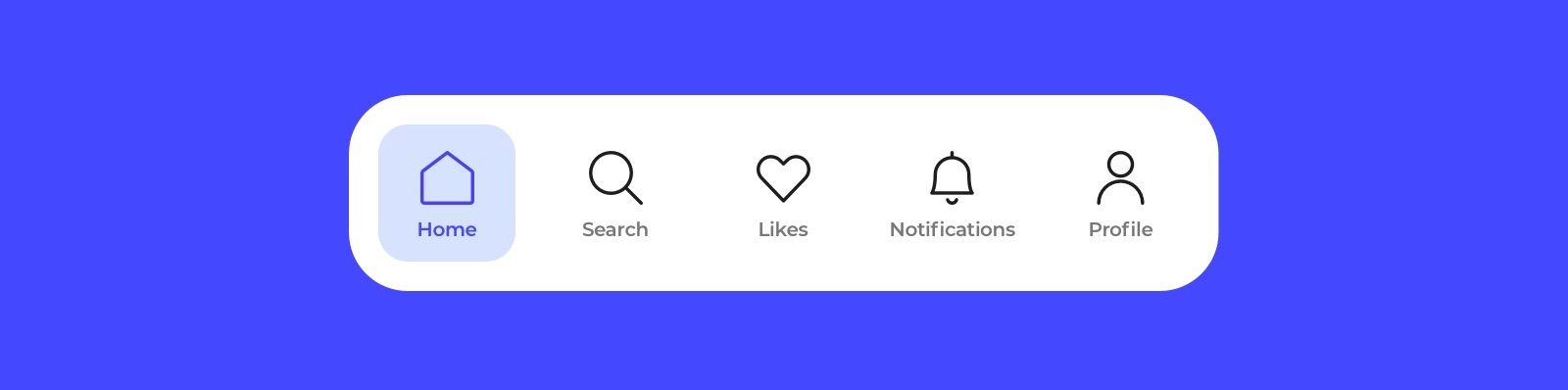 A menu bar design with 5 icons: a house, magnifying glass, heart, bell and person. The house is selected and the colour scheme is purple. However in this design there is text under each icon so the house icon is home, the magnifying glass icon is search, the heart is likes, the bell is notifications and the person is profile.