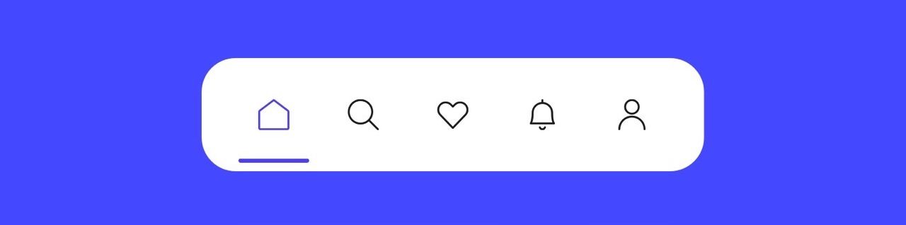 A menu bar design with 5 icons: a house, magnifying glass, heart, bell and person. The house is selected and the colour scheme is purple.