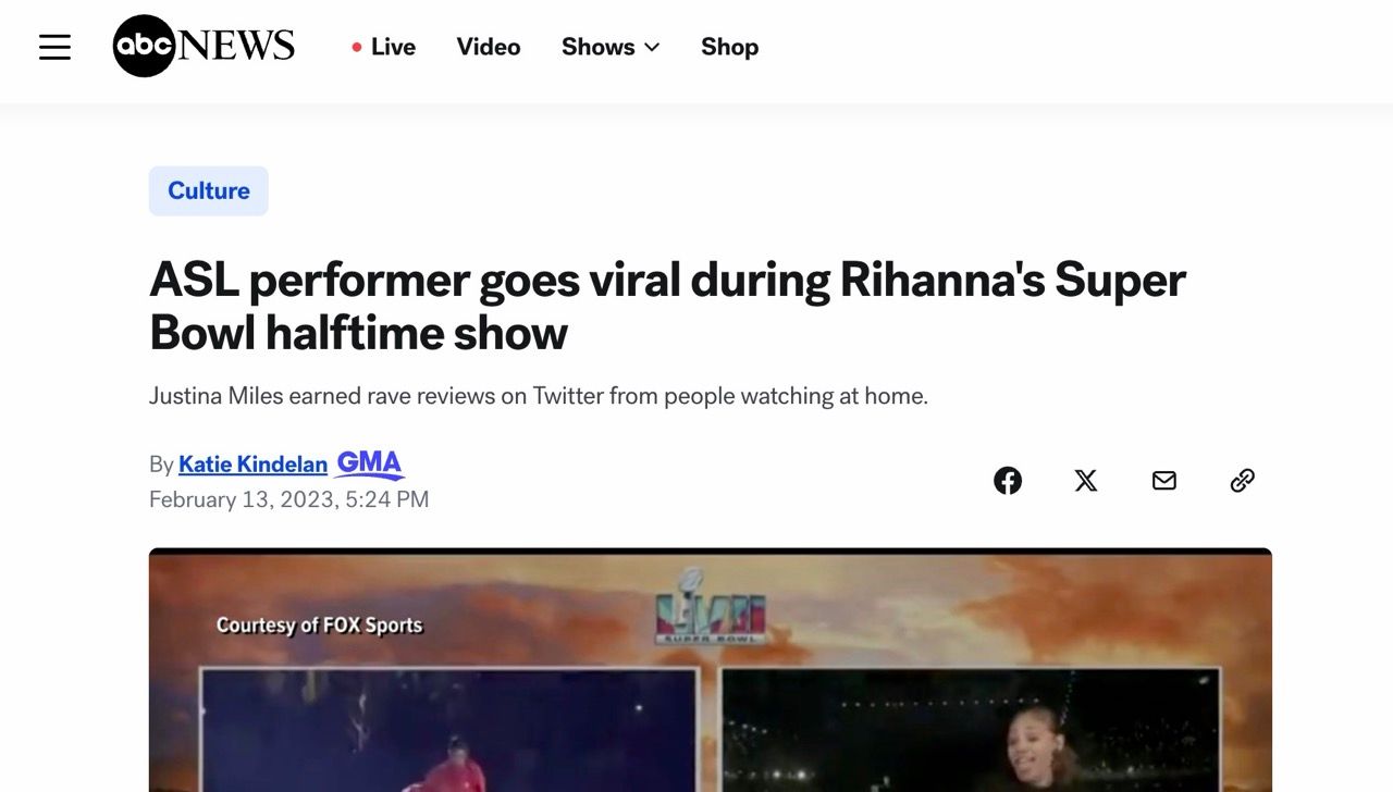 A screenshot of an ABC News article titled ASL performer goes viral during Rihanna's Super Bowl halftime show. The article, written by Katie Kindelan and published on February 13, 2023, features a video still of Justina Miles performing in American Sign Language alongside footage of Rihanna's performance.