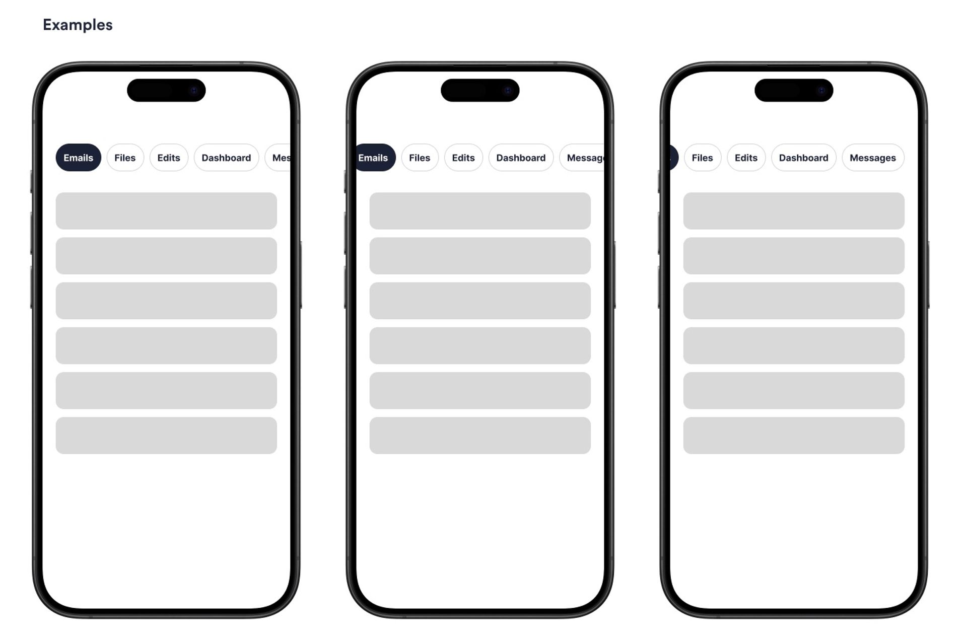 Tabs user interface pattern interaction for mobile, showing a phone with Tabs and Content. The tab choices are Emails, Files, Edit, Dashboard and Messages. As each Tab is selected the Content is shown. There is also a suggested horizonal scroll interaction on mobile for the tabs, with and overflowing Tab content being hidden but partially showing to demonstrate it's scrollable