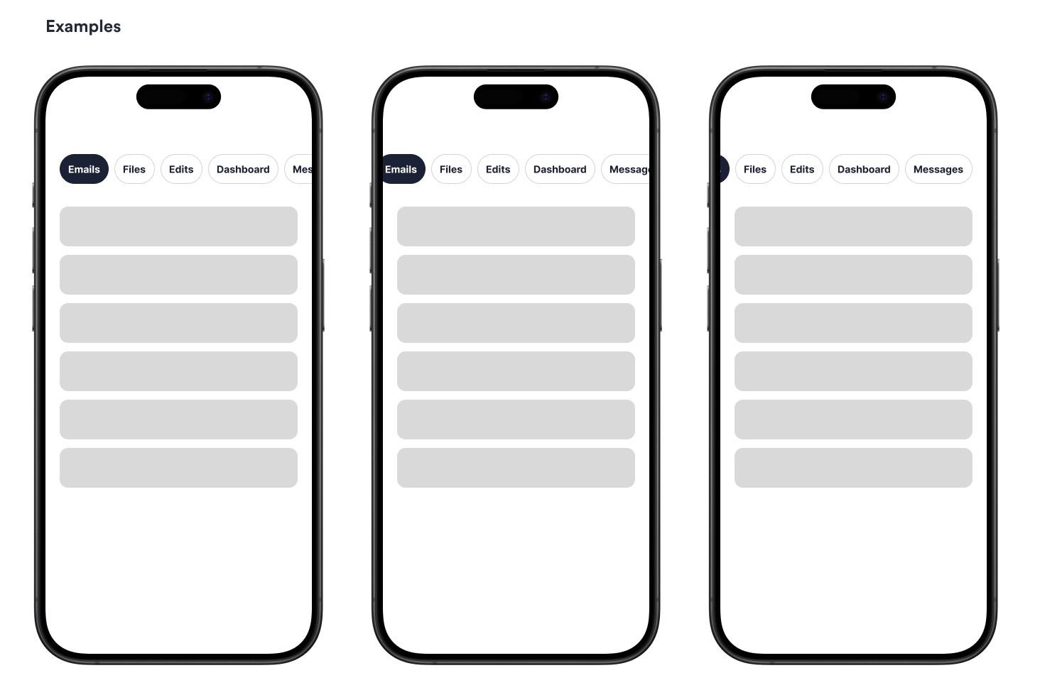 Tabs user interface pattern interaction for mobile, showing a phone with Tabs and Content. The tab choices are Emails, Files, Edit, Dashboard and Messages. As each Tab is selected the Content is shown. There is also a suggested horizonal scroll interaction on mobile for the tabs, with and overflowing Tab content being hidden but partially showing to demonstrate it's scrollable