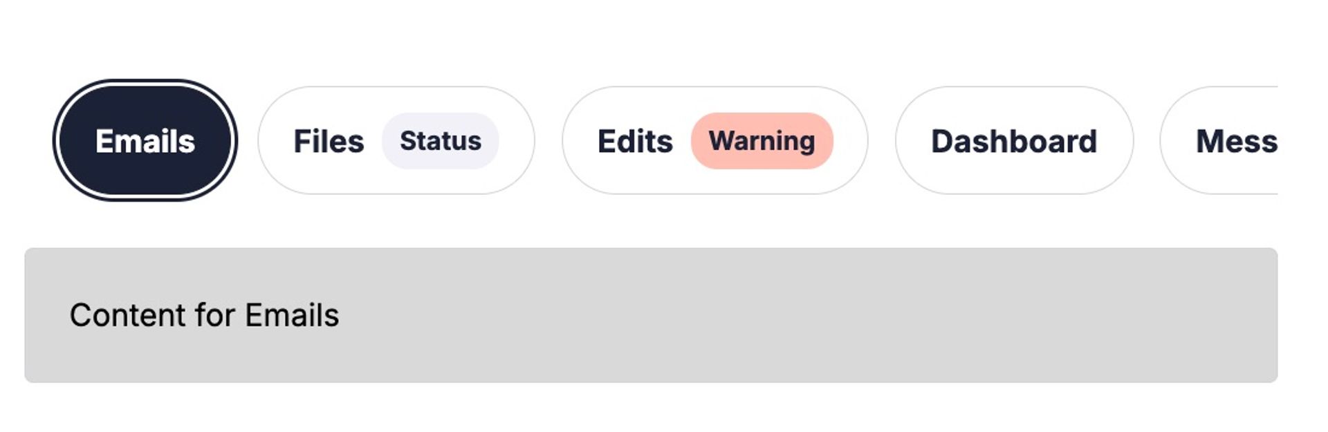 Accessible Tabs user interface component build using React, Vite and Storybook. Showing 4 Tabs, Emails, Files (with a badge in grey saying Status), Edits (with a red badge saying warning), Dashboard and Messages but this is cut off saying Mess.. The Tab panel says "Content for Emails" as this is selected.