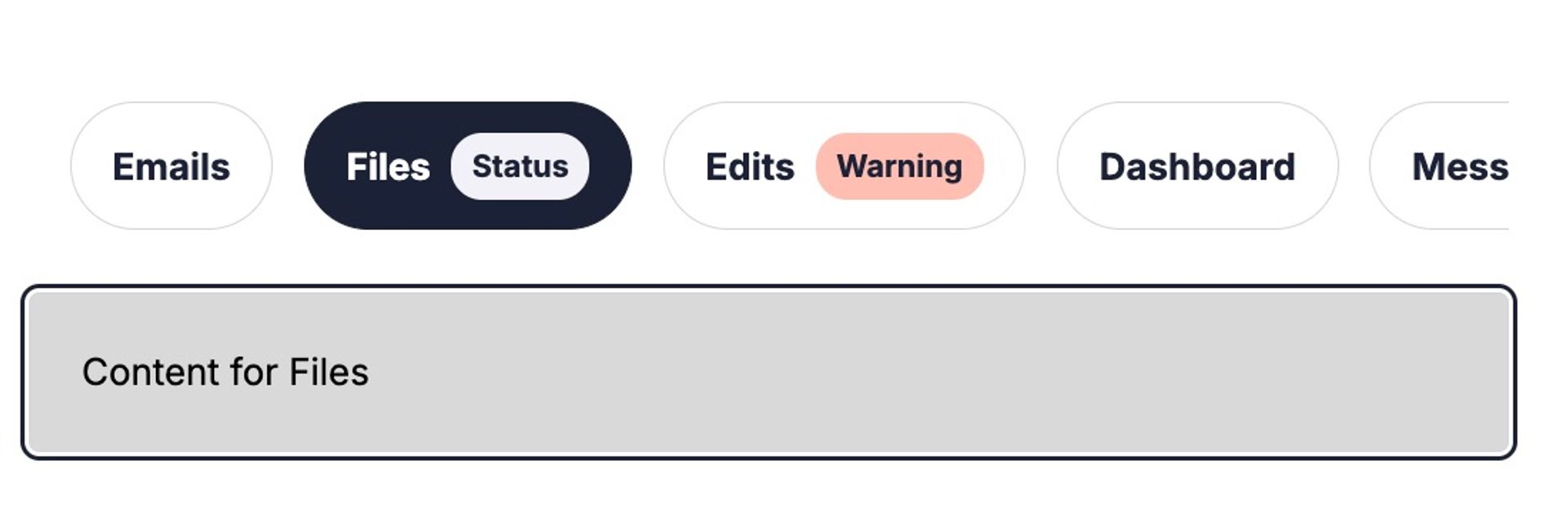 Accessible Tabs user interface component build using React, Vite and Storybook. Showing 4 Tabs, Emails, Files (with a badge in grey saying Status), Edits (with a red badge saying warning), Dashboard and Messages but this is cut off saying Mess.. The Tab panel says Content for Emails as this is selected and focused. The Files tab is also active