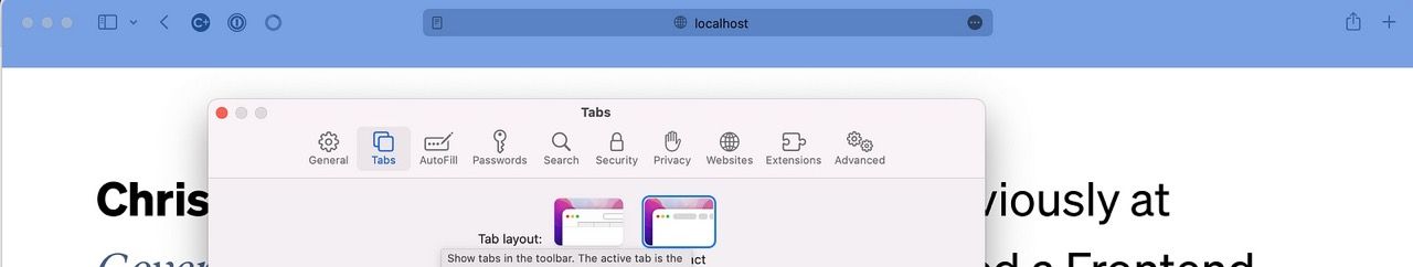 Safari 16 settings on macOS, going to Safari then Preferences, then Tabs. This reveals settings called Tab Layout with two options: Separate and Compact. In order to display the theme-colour meta tag, this has to be updated to Compact