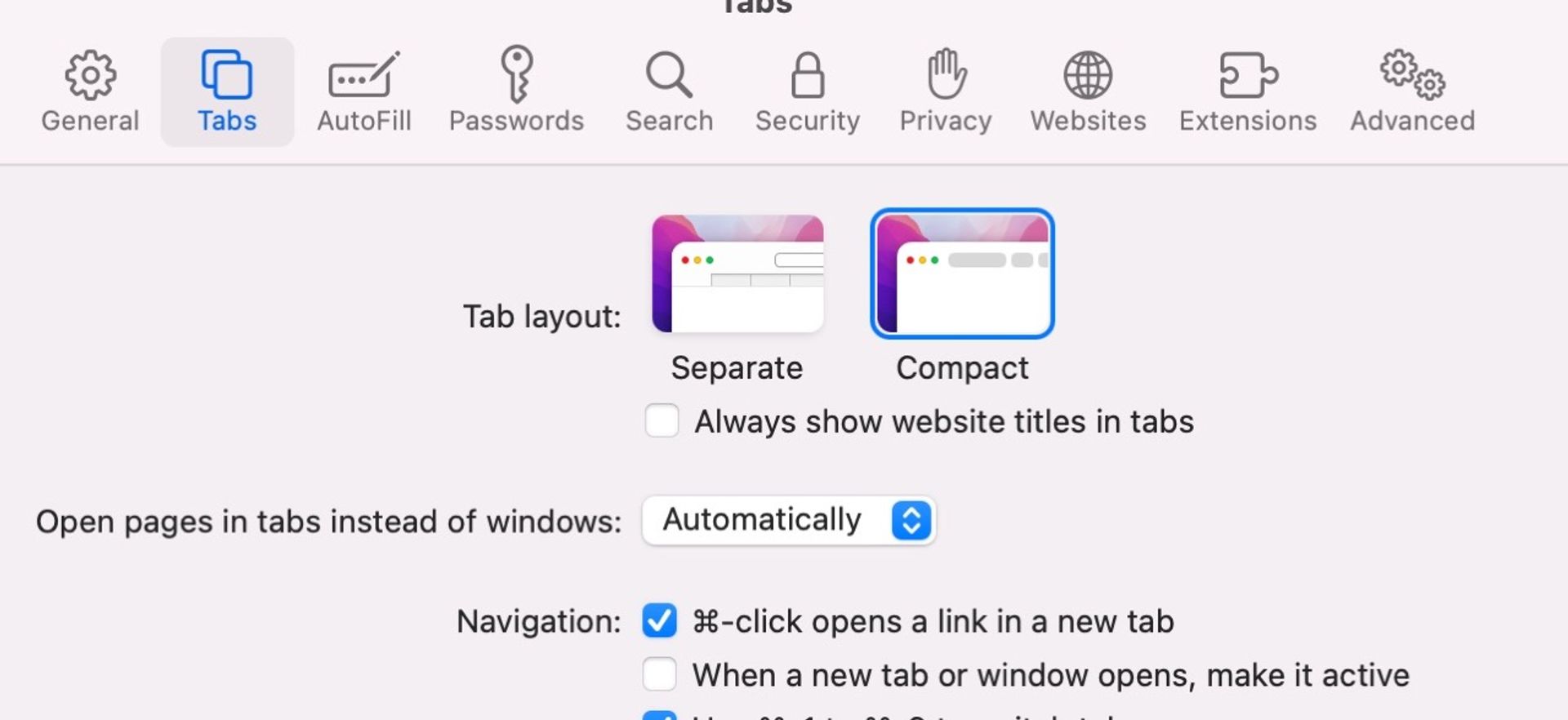 Safari 16 settings on macOS, going to Safari then 'Preferences', then 'Tabs'. This reveals settings called 'Tab Layout' with two options: Separate and Compact. When Compact is selected the theme-colour can be seen.