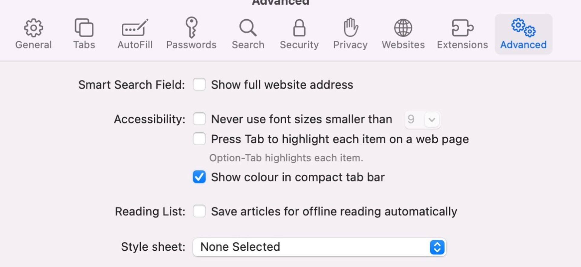 Safari 16 settings on macOS, going to Safari then 'Preferences', then 'Advanced'. This reveals settings under Accessibility called 'Show colour in compact tab bar' when selected the theme-colour can now be seen.