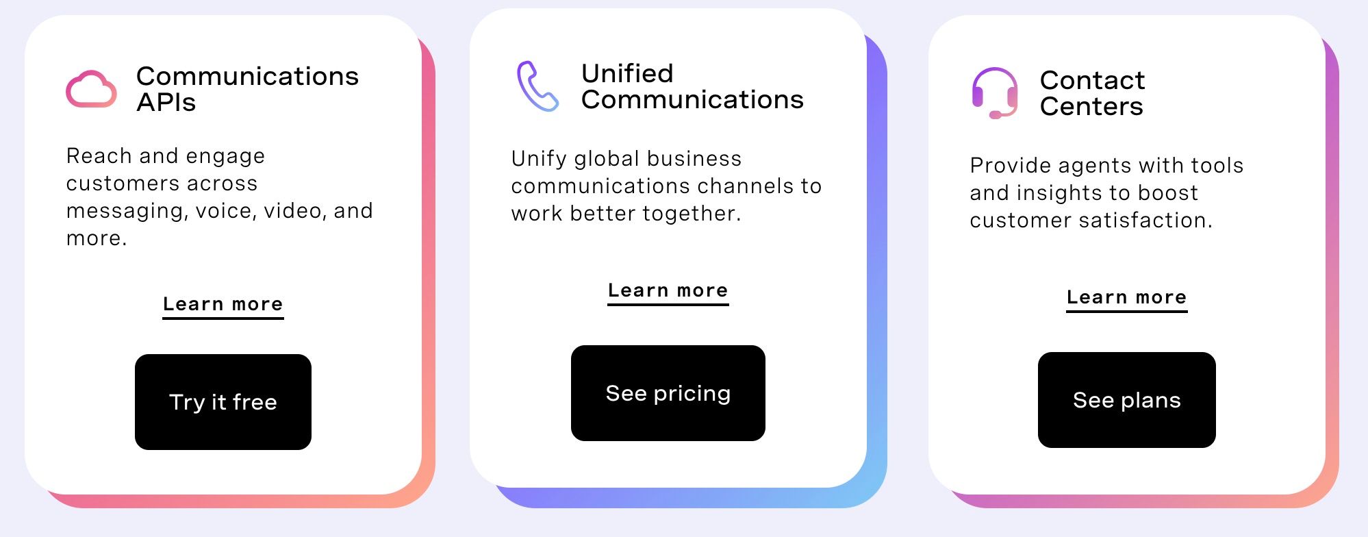 Screenshot of the Vonage homepage there are three product cards that related to different Vonage products. However within these sections is content that reads Learn More. This text is repeated across all cards.  This highlights the WCAG criteria link purpose in context.
