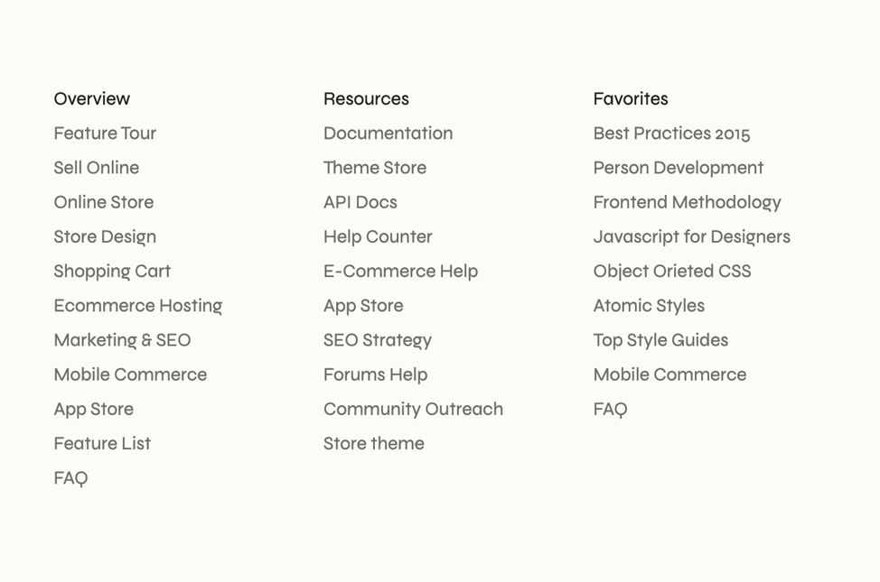 A screenshot of a website's footer, with three vertical columns of links on a light, neutral background. Each column has a darker colour heading: 'Overview,' 'Resources,' and 'Favorites.' The links in each column are in a clean, sans-serif font and are not underlined. The links under 'Overview' include common site navigation like 'Feature Tour,' 'Sell Online,' and 'Shopping Cart.' The 'Resources' column lists links such as 'Documentation,' 'Theme Store,' and 'API Docs.' Finally, the 'Favorites' column contains a curated list of specialized topics like 'Best Practices 2015,' 'Javascript for Designers,' and 'Atomic Styles.' There is confusion as to what is a heading and what is a link as only colour is being used