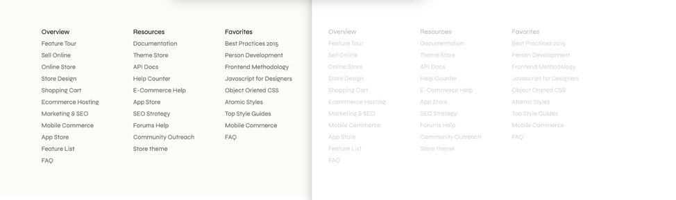 A side-by-side comparison of two website footers. On the left, a footer is shown in a crisp, dark font on a light background. On the right, the same footer is shown, but the text is in a light gray font, making it appear washed out and difficult to read. The background on the right is also slightly lighter than the one on the left. The image highlights the contrast between readable and unreadable text colour choices.
