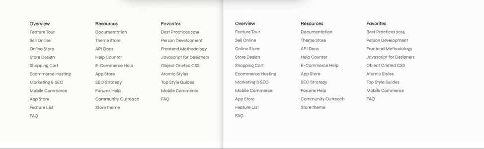 A side-by-side comparison of two website footers. On the right, the same footer is shown as the previous images, but the background is a much brighter white, making the links appear darker in contrast. The image illustrates the possible effect of a Achromatopsia on text legibility