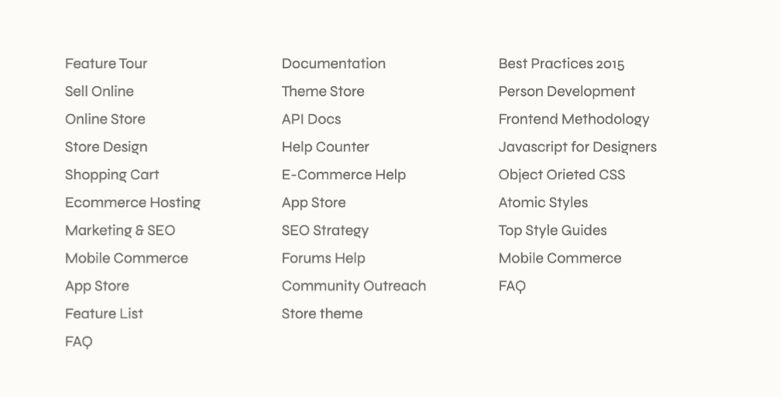 A screenshot of a website's footer, with three vertical columns of generic links on a light background. Each column's heading has now been removed, demostarting that without these headings it's clear all of these are links as the removing headings now reduces the confusion