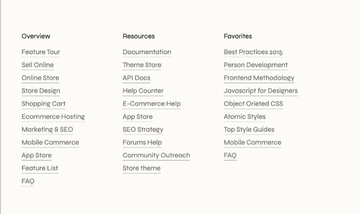 A screenshot of a website's footer, presented as three vertical columns of links on a light off-white background. Each column is topped with a bold title: 'Overview,' 'Resources,' and 'Favorites.' The links in all three columns are consistently underlined, indicating they are hyperlinked text and more accessible than without links meeeting WCAG 1.4.1'