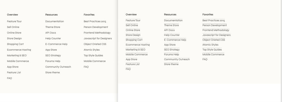 A side-by-side comparison of two website footers. On the left, a footer with three columns of links is shown. The columns are titled 'Overview,' 'Resources,' and 'Favorites.' The links in each column are in a clean, sans-serif font and are not underlined. b On the right, a second footer is shown. It has the same three columns and links as the one on the left. However, all the links in this footer are underlined. The overall image demonstrates a small but notable difference in design presentation, specifically the use of link underlining making it more accessible